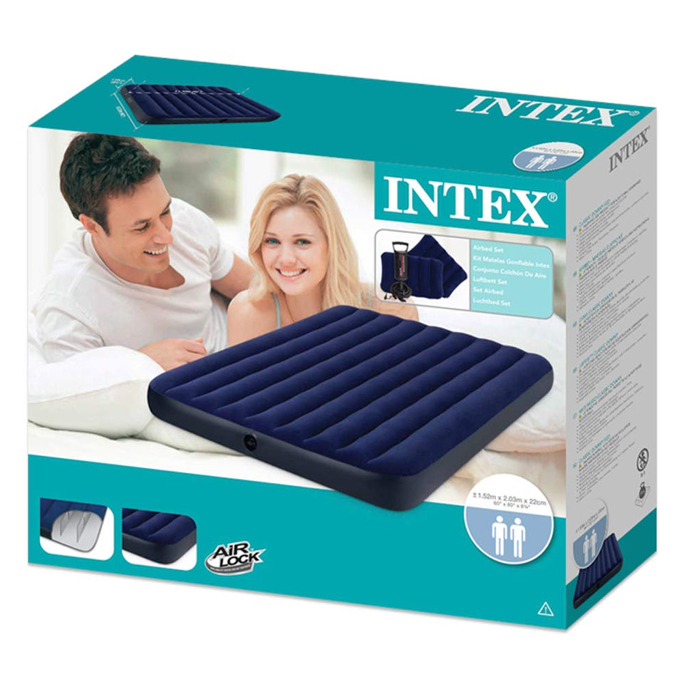Intex Classic Downy Airbed Set with 2 Pillows and Double Quick Hand Pump, Queen