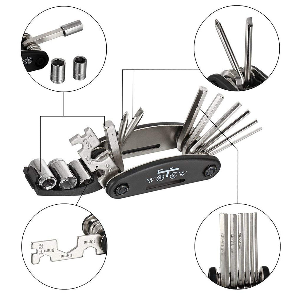 WOTOW 16 in 1 Multi-Function Bike Bicycle Cycling Mechanic Repair Tool Kit with 3 pcs Tire Pry Bars Rods