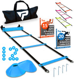 Pro Agility Ladder and Cones - 15 ft Fixed-Rung Speed Ladder with 12 Disc Cones for Soccer, Football, Sports Training - Includes Heavy Duty Carry Bag, 4 Metal Stakes and Top 20 Agility Drills eBook