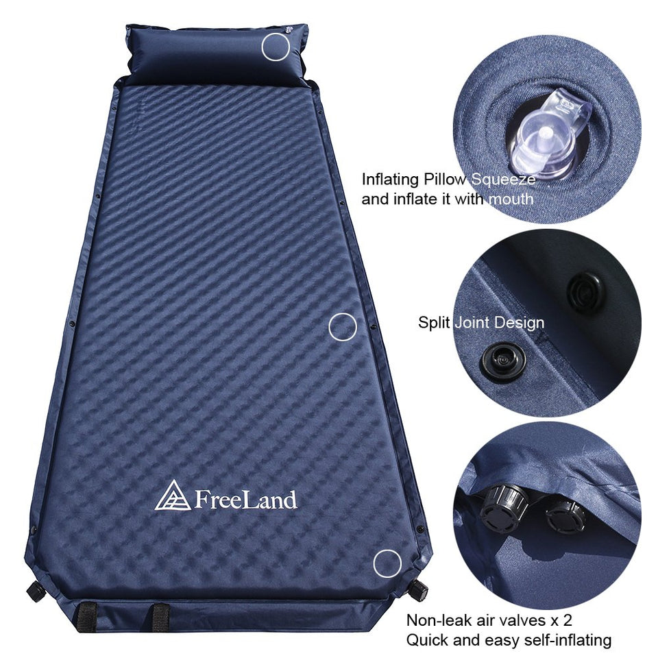 Freeland Camping Sleeping Pad Self Inflating with Attached Pillow, Compact, Lightweight, Large
