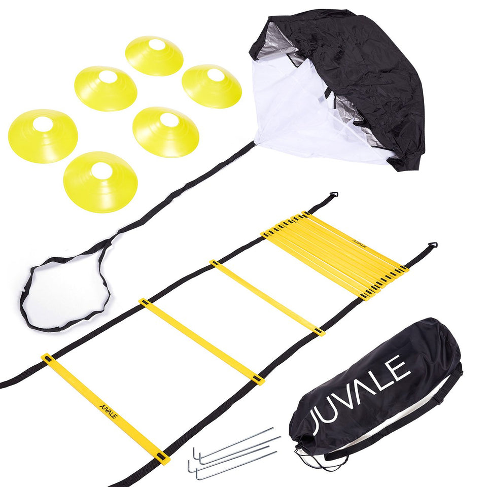 Juvale Speed and Agility Training Set - Includes Agility Ladder with Carrying Bag, 6 Disc Cones, Resistance Parachute, 4 Steel Stakes - for Speed, Coordination, Footwork, Explosiveness, Black, Yellow