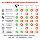 Pro Agility Ladder and Cones - 15 ft Fixed-Rung Speed Ladder with 12 Disc Cones for Soccer, Football, Sports Training - Includes Heavy Duty Carry Bag, 4 Metal Stakes and Top 20 Agility Drills eBook