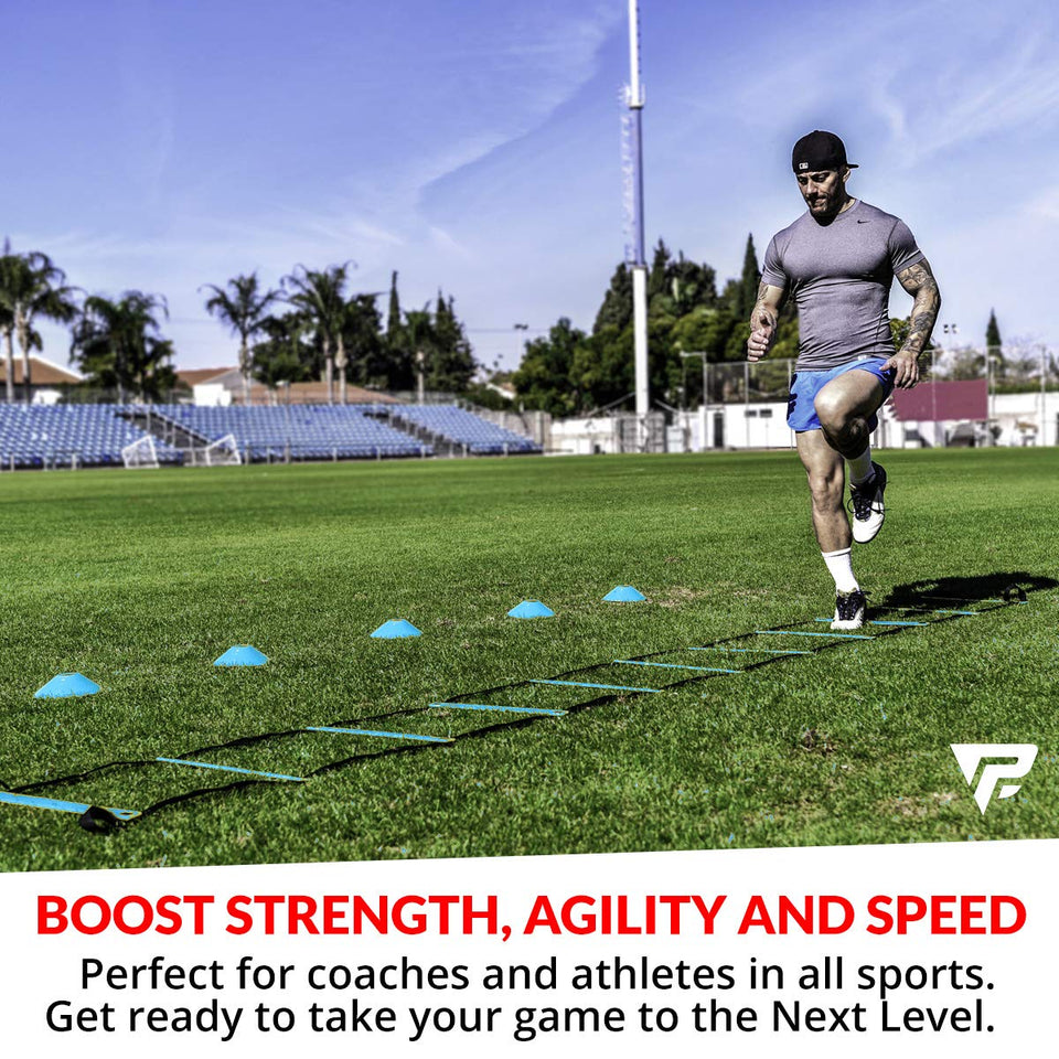 Pro Agility Ladder and Cones - 15 ft Fixed-Rung Speed Ladder with 12 Disc Cones for Soccer, Football, Sports Training - Includes Heavy Duty Carry Bag, 4 Metal Stakes and Top 20 Agility Drills eBook