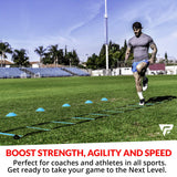 Pro Agility Ladder and Cones - 15 ft Fixed-Rung Speed Ladder with 12 Disc Cones for Soccer, Football, Sports Training - Includes Heavy Duty Carry Bag, 4 Metal Stakes and Top 20 Agility Drills eBook