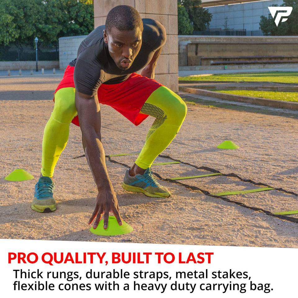 Pro Agility Ladder and Cones - 15 ft Fixed-Rung Speed Ladder with 12 Disc Cones for Soccer, Football, Sports Training - Includes Heavy Duty Carry Bag, 4 Metal Stakes and Top 20 Agility Drills eBook