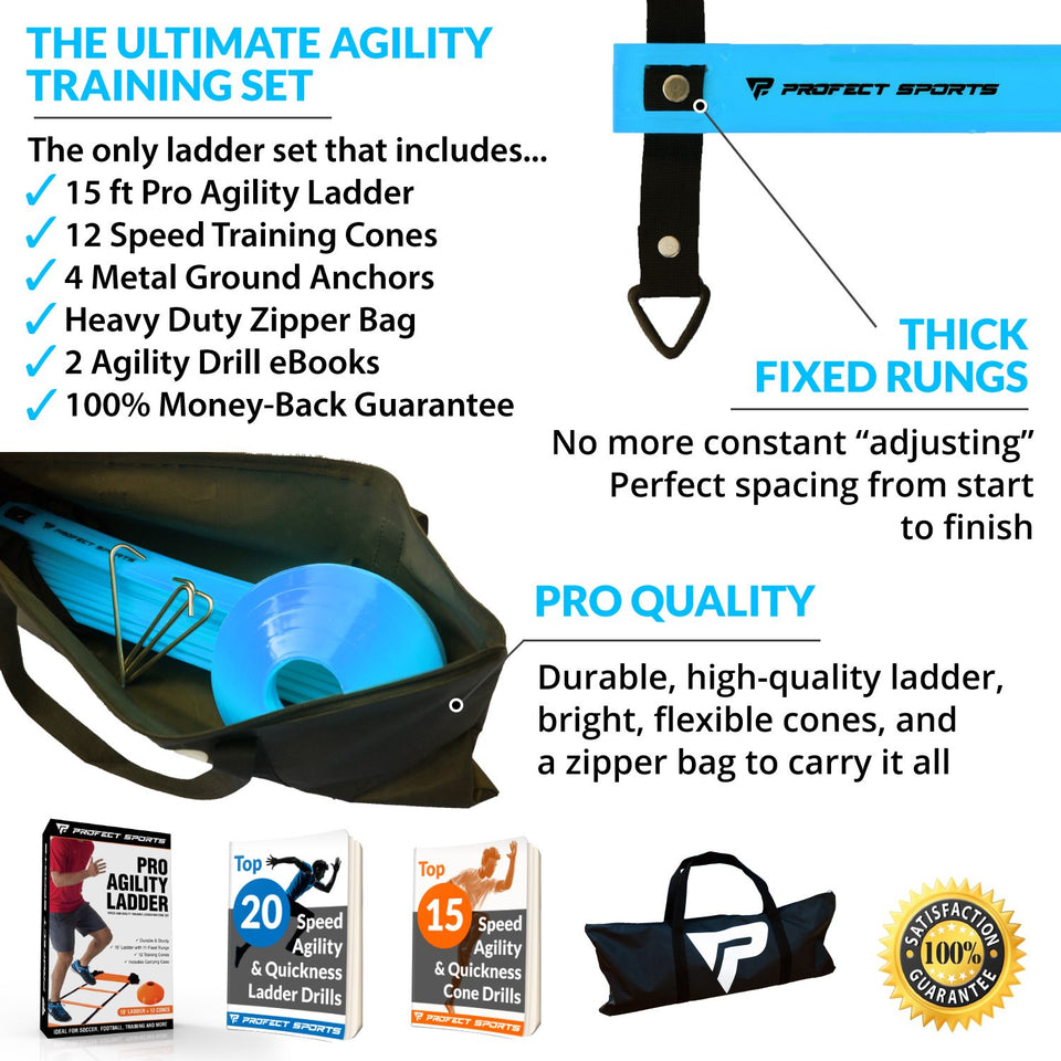 Pro Agility Ladder and Cones - 15 ft Fixed-Rung Speed Ladder with 12 Disc Cones for Soccer, Football, Sports Training - Includes Heavy Duty Carry Bag, 4 Metal Stakes and Top 20 Agility Drills eBook