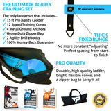 Pro Agility Ladder and Cones - 15 ft Fixed-Rung Speed Ladder with 12 Disc Cones for Soccer, Football, Sports Training - Includes Heavy Duty Carry Bag, 4 Metal Stakes and Top 20 Agility Drills eBook