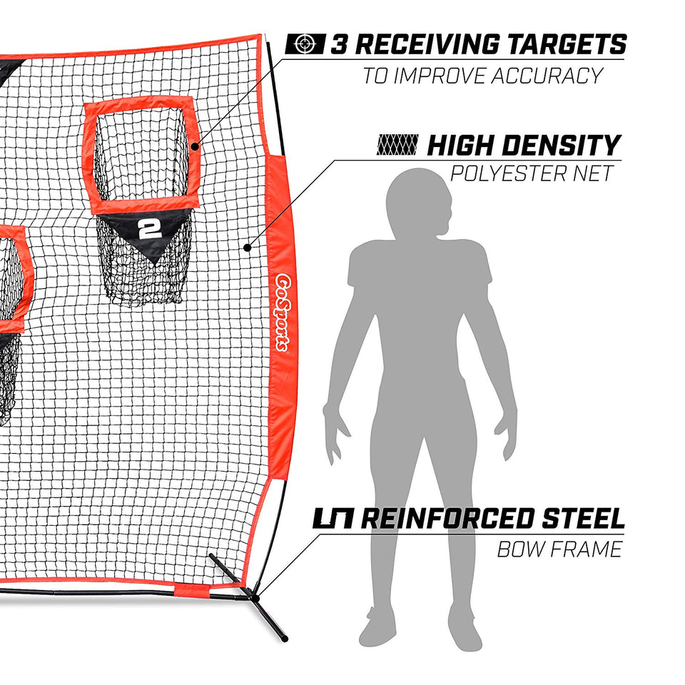 GoSports Football Trainer Throwing Net | Choose Between 8' x 8' or 6' x 6' Nets | Improve QB Throwing Accuracy - Includes Foldable Bow Frame and Portable Carry Case