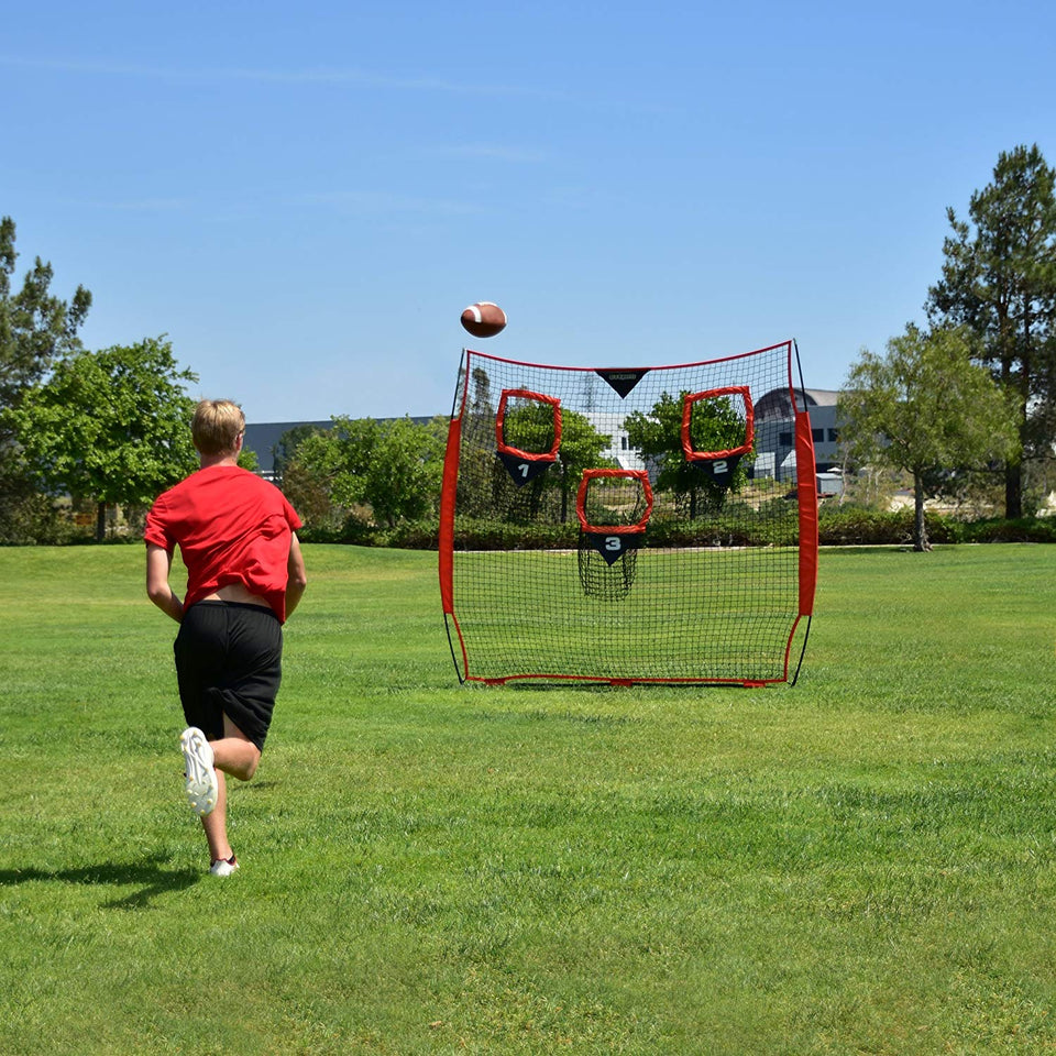 GoSports Football Trainer Throwing Net | Choose Between 8' x 8' or 6' x 6' Nets | Improve QB Throwing Accuracy - Includes Foldable Bow Frame and Portable Carry Case