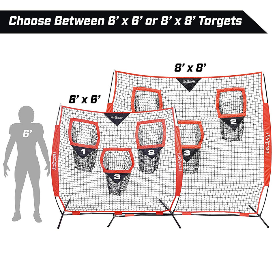 GoSports Football Trainer Throwing Net | Choose Between 8' x 8' or 6' x 6' Nets | Improve QB Throwing Accuracy - Includes Foldable Bow Frame and Portable Carry Case